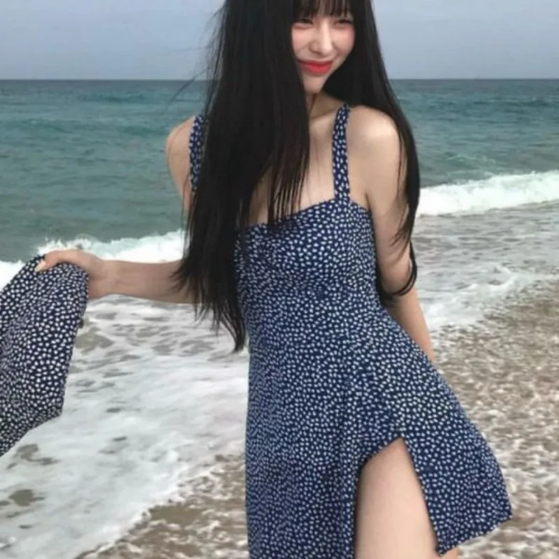 New Floral One-Piece Swimsuit Women Blue Backless Slip Beach Dress Summer A-line Streetwear Trendy Vestidos One Piece Swimsuit