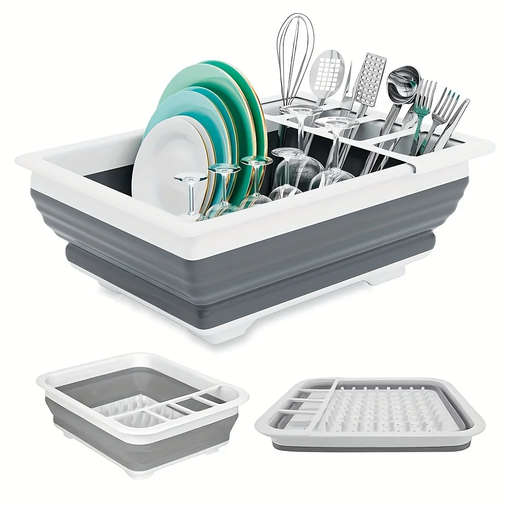 

A foldable dish drying rack with a utensil holder, saving space