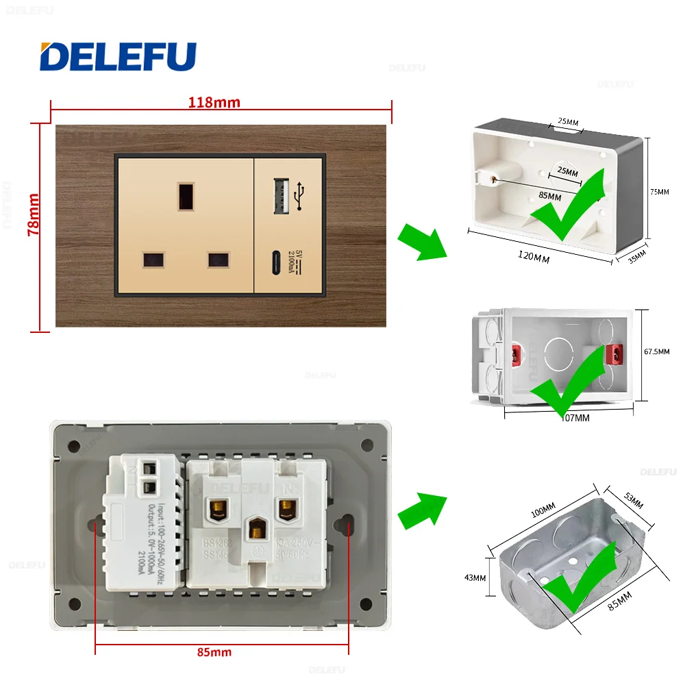 DELEFU Wall Switch Power Socket Switch USB-C Gold function key Imitation wood grain panel UK series