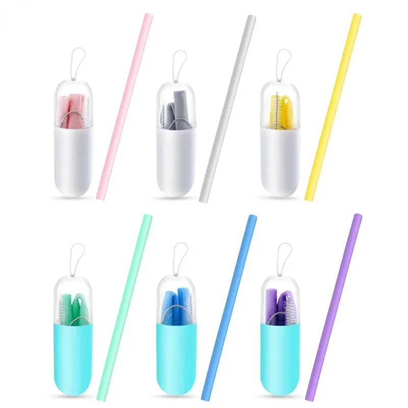 Reusable Food Grade Silicone Straws Straight Bent Drinking Straw with Cleaning Brush Set Party Bar Accessory with Box