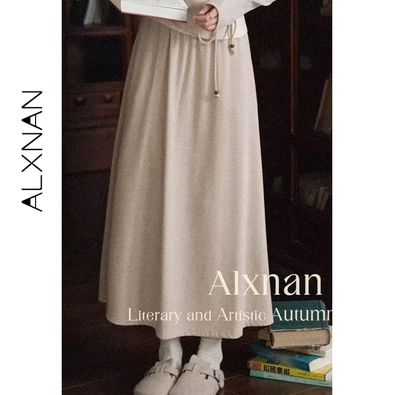 ALXNAN Midi Skirt Women Spring Autumn 2026 High Waist A-line Drawstring Versatile Casual Office Lady Clothing L569115