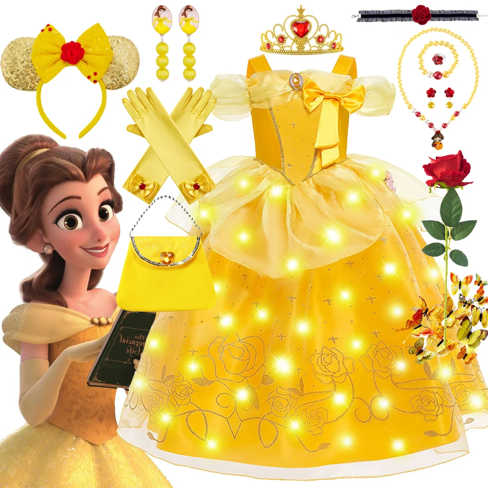 Princess Belle Cosplay Dress Disney Floral Off Shoulder Mesh Kid LED Light Halloween Costume Beauty and the Beast Birthday