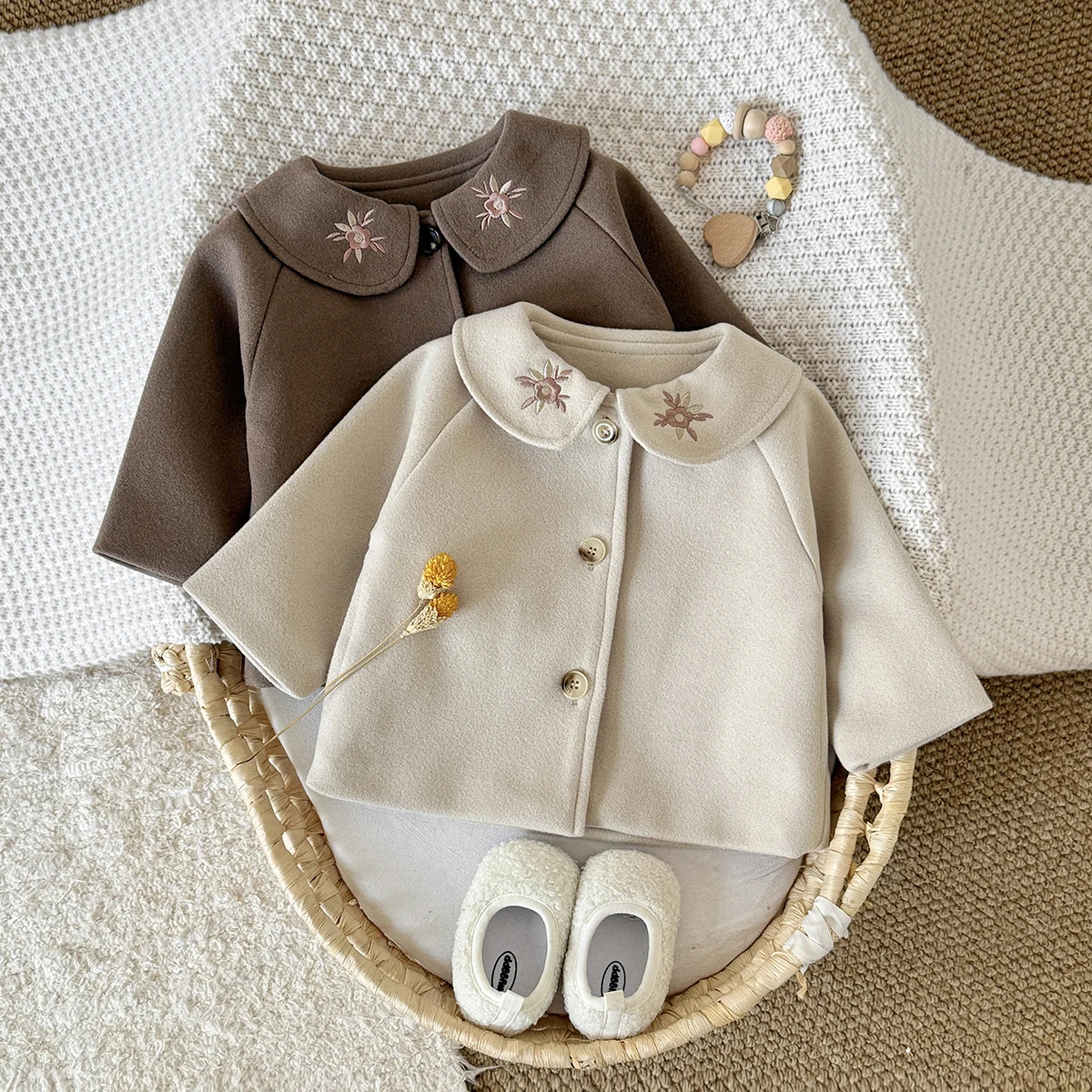 2026 Neue Baby-Wolljacke mit niedlichem Sonnen-Stickerei-Kragen, warm, Beige/Kamel, Oberbekleidung für Kleinkinder, Herbst-Winter-Jacke – Detail 1