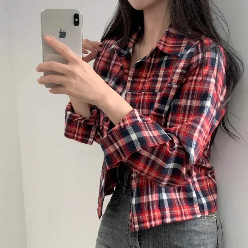 Western Sle Age-Reducing Top Women Retro Lapel Plaid Shirts High-Grade Sense Wear Small Short Long Sleeve Shirt Autumn 2024