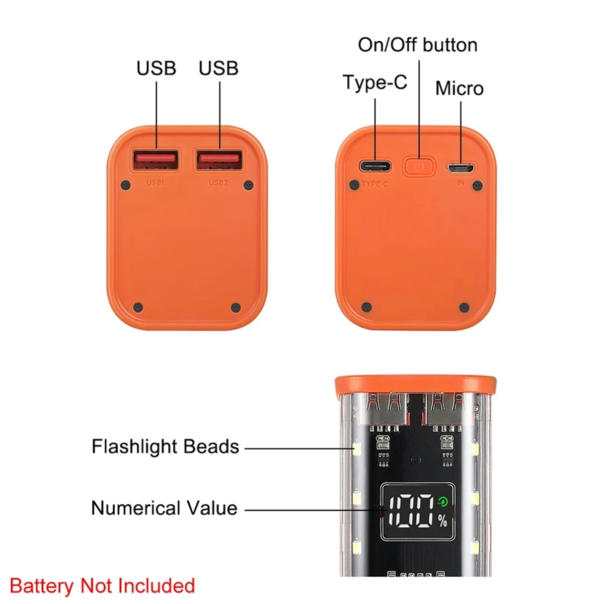 8 Slots 18650 DIY Power Bank Case Fast Charging Power Bank Case Large Capacity Digital Display Battery Storage Orange