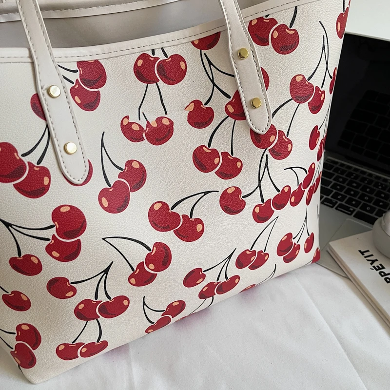 Cute Cherry Strawberry Lemon Print Casual Tote Bag Large Capacity Shopping Bag Aesthetic Handbag Grocery Bag for Women
