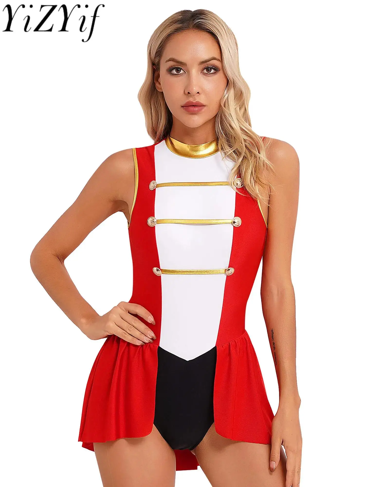 Womens Circus Ringmaster Cosplay Costume Halloween Theme Party Masquerade Showman Clothes Sleeveless Cutout Skirted Bodysuit