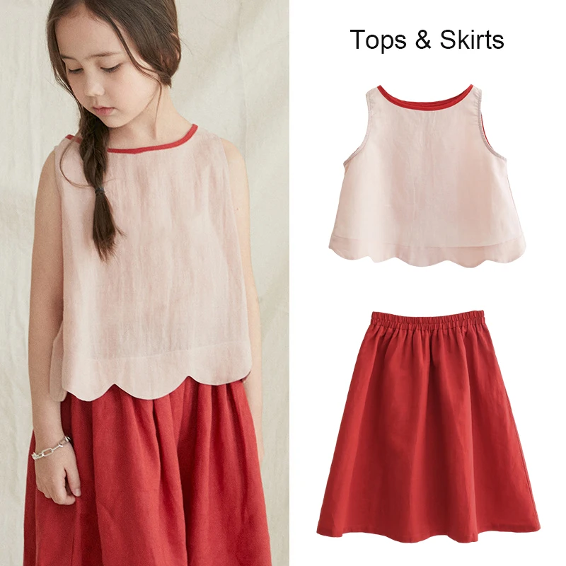 

Summer Girl Cotton Linen Set New Round Neck Color Blocked Casual Sleeveless Top With Loose Red Skirt Sets Clearance Sale