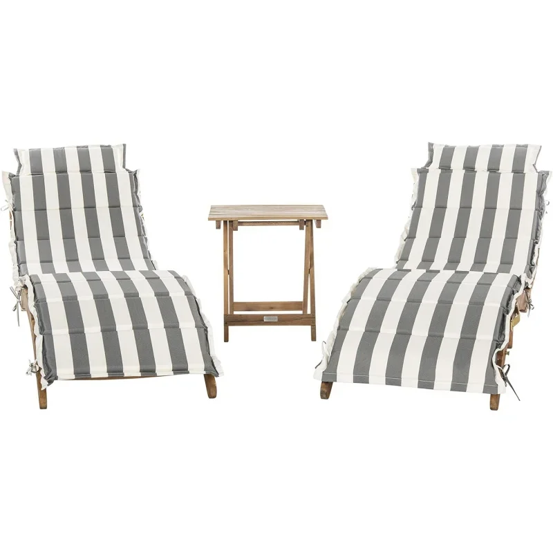 

SAFAVIEH Outdoor Collection Pacifica Natural Brown Solid Wood/Grey & White Stripe Cushion 3-Piece Chaise Lounge Set with Tab