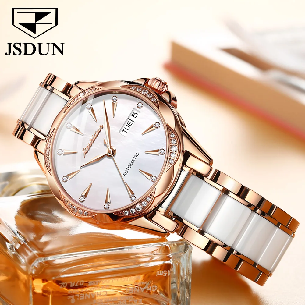 JSDUN Automatic Mechanical Watch for Women Luxury Diamond Pearl Shell Dial Elegant Rose Gold Ceramic Strap Ladies Wristwatches