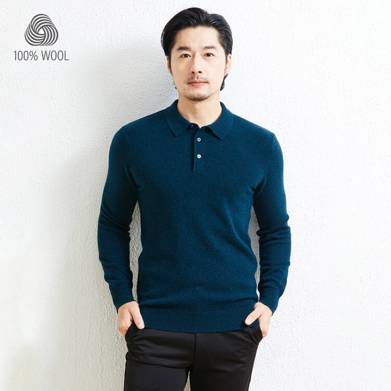 100% Wool. High-quality Men\'s Warm Sweater, Business Casual Stretchable POLO Shirt, Fall/winter Pullover Knitted Sweater.