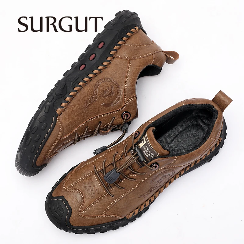 SURGUT Fashion Leather Men Casual Shoes Handmade Breathable Cowhide Man Board Shoes Breathable Soft Working shoes