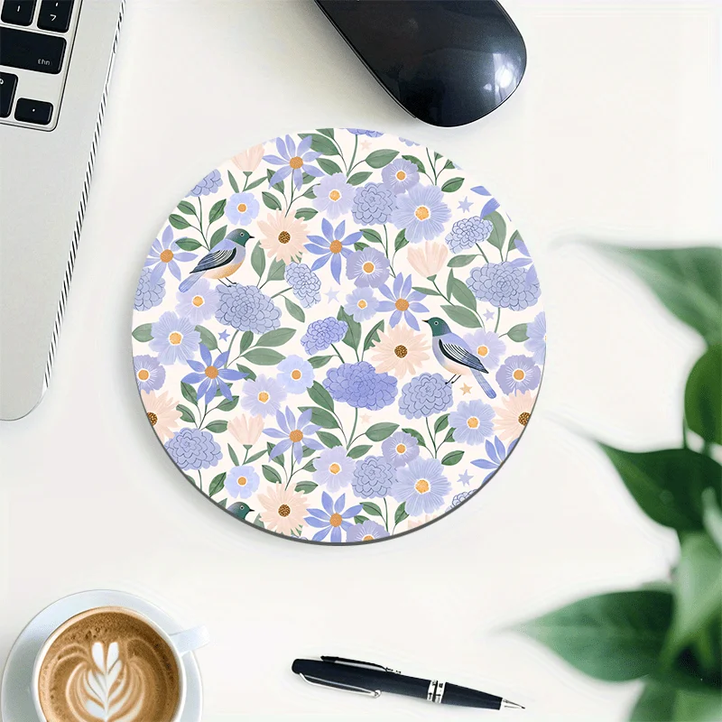 Charming Bird Flower Round Mouse Pad Desk Mat Non-Slip Rubber Pad Laptop Office Desk Mats Mousepad Setup Office Desk Accessories