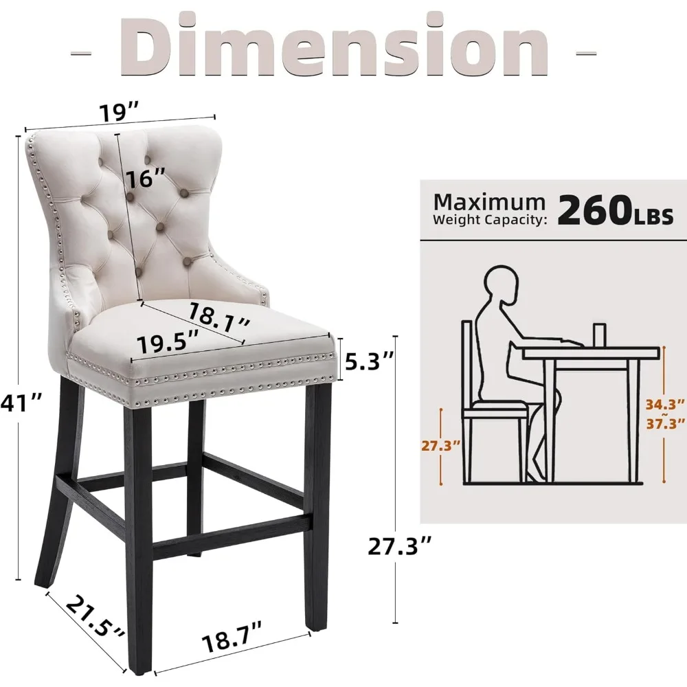 Bar Stools Set of 2, Velvet 26 Inch Seat Height Counter Height Barstools with Back, Rivet Trim Bar Chairs