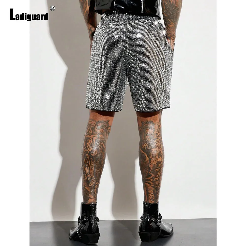 Men's Stand Pocket Casual Straight Leg Shorts 2025 European Sexy Sequins Dance Shorts Silver Black Soft Elastic Waist Half Pants