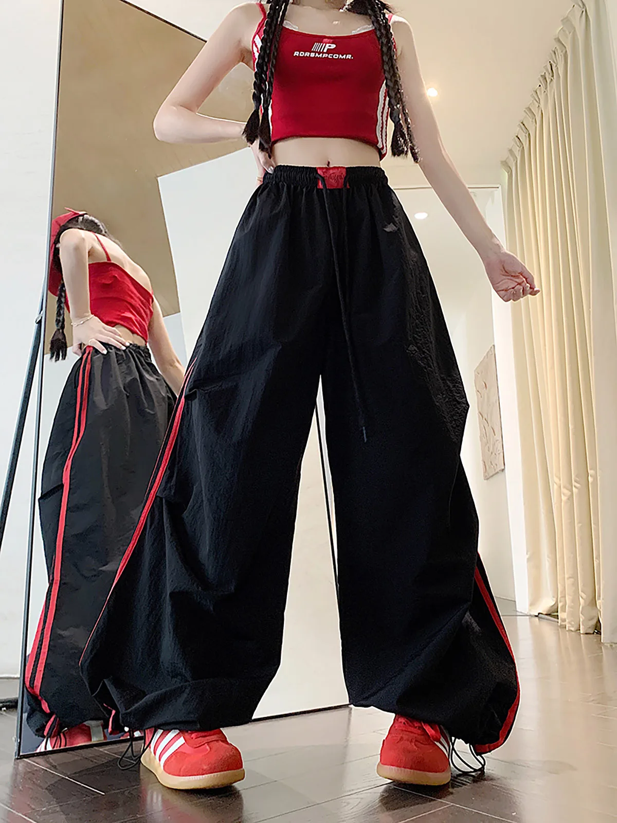 

Quick Dry Ice Silk Sports Paratrooper Pants Men Women Harem Summer Thin Wide Leg Pants Color Block Striped Casual Trousers