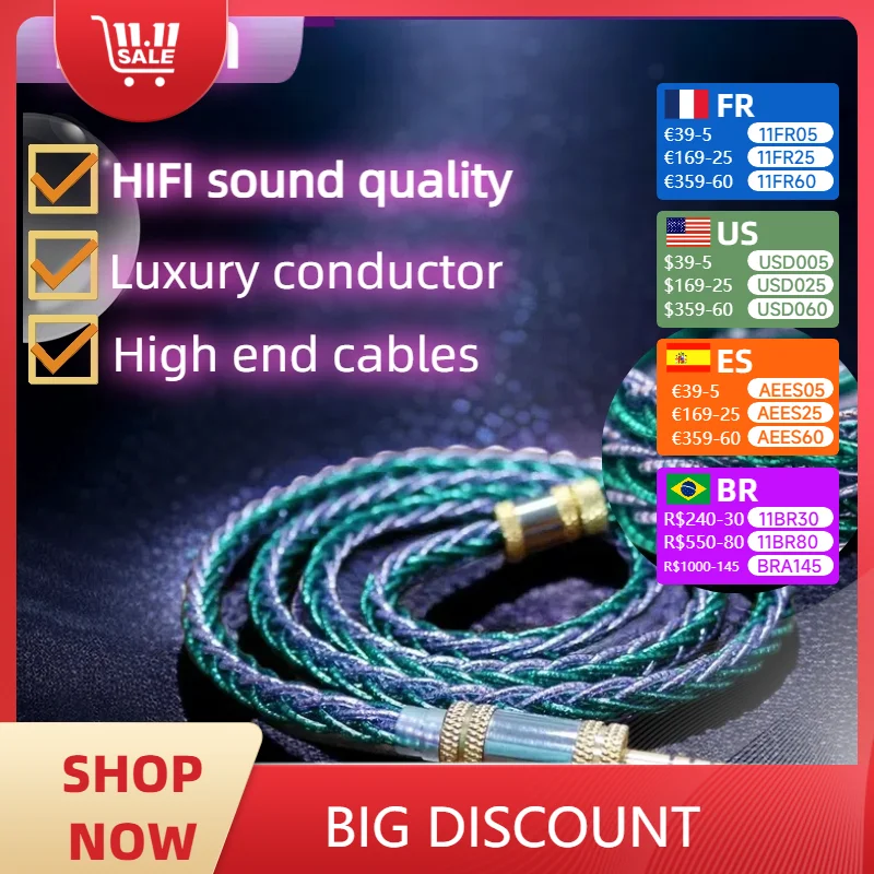 ZiSin Flagship High-end 8 Core Headphone Replacing Cable With 2.5/3.5mm/4.4mm 4PIN XLR For HD560 HD650 HD700 HD800 HIFIMAN ANAND