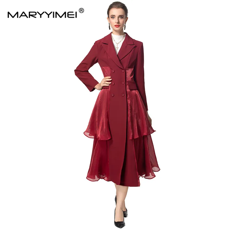 MARYYIMEI Autumn and Winter Women\'s Coat Long Sleeved Notched Double-Breasted Flounced Edge Splicing Fashion Overcoat With Belt