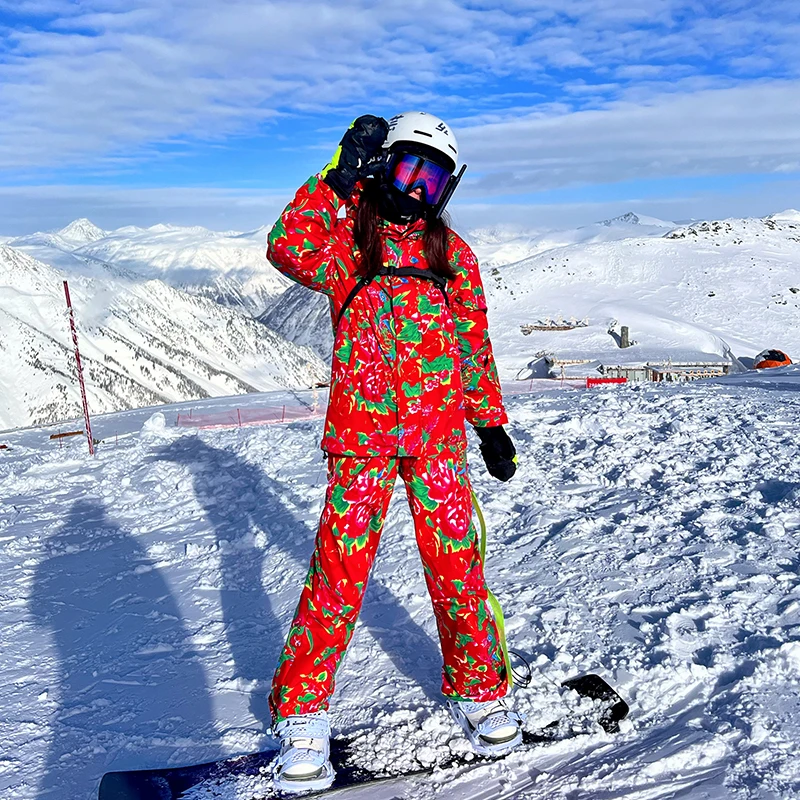 S-XXXL set pakaian salju Pria Wanita musim dingin ukuran Plus jaket Snowboard hangat dengan celana Motif bunga merah tahan air