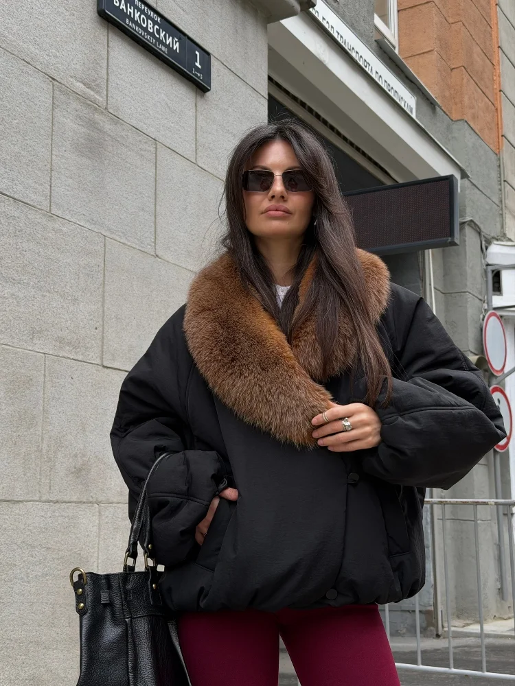 Women Winter Warm Short Puffer Jacket Oversized Loose Fit Big Faux Fur Collar Button Closure  New Casual Street Outerwear Coat