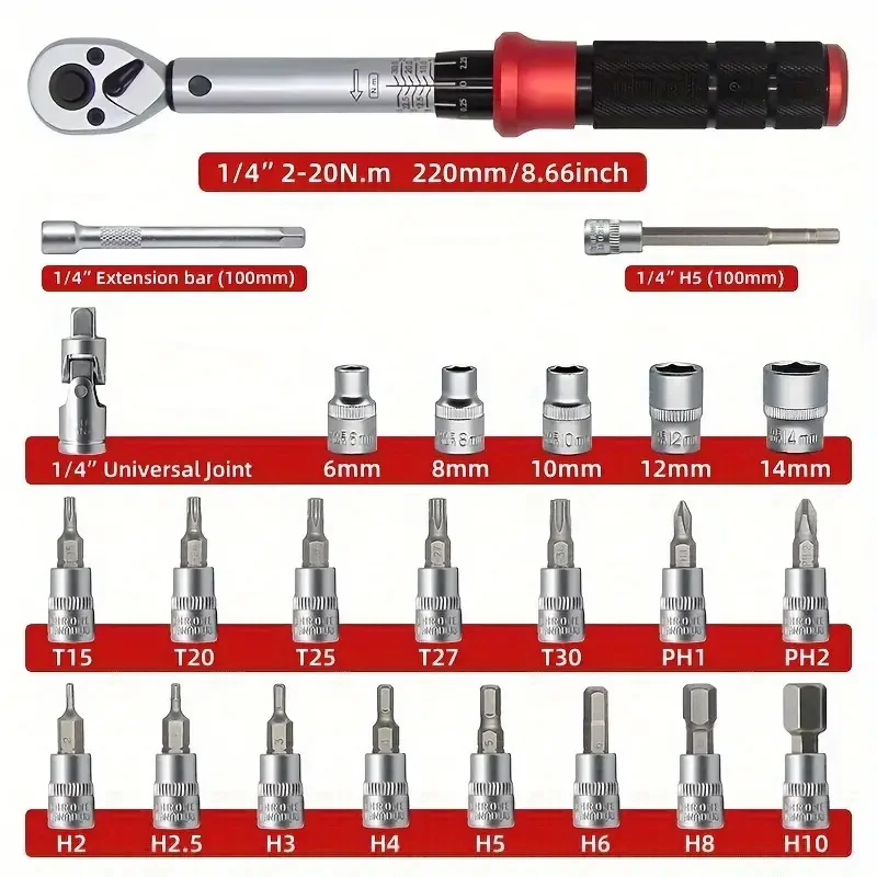 Handle Tools 1/4 6.3MM 2-20N.M 24Pieeces Set Preset Adjustable Torque Spanner Precision Fast torque Torque KG Spanner