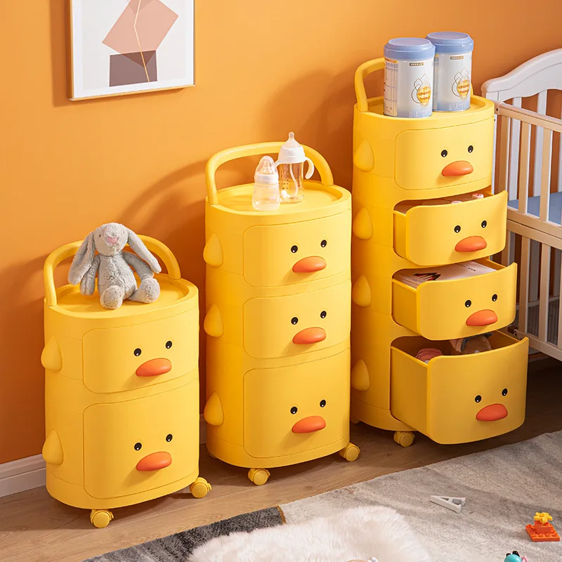 AOLIVIYA Kids Childrens Cabinet Baby Snack Clothes Storage Box Cartoon Multi-Layer Organizer Rack Duck Trolley Bedroom