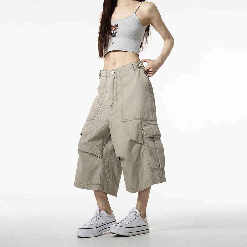

Y2k Vintage Cargo Pants Women Harajuku Oversized Baggy Summer Short Wide Leg Trousers Streetwear Korean Pockets Capris