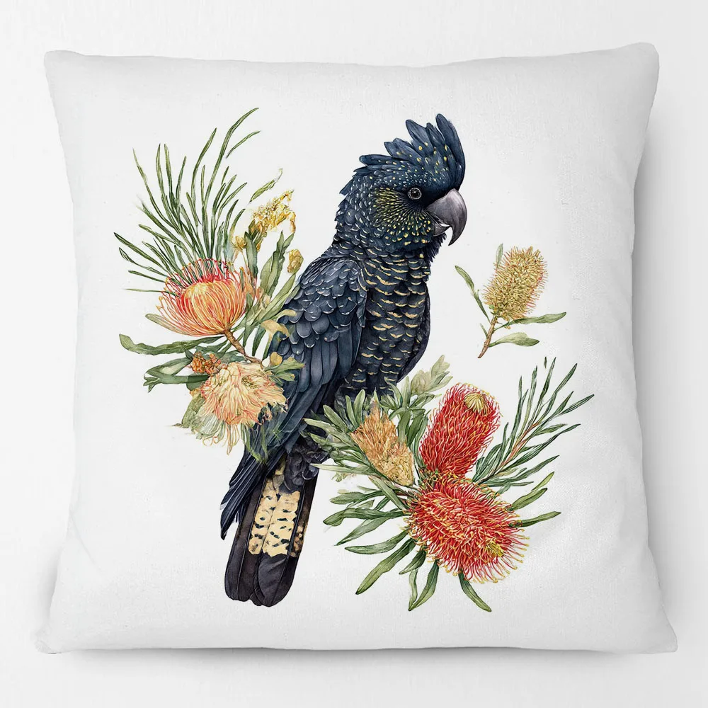 Australian Red-Tailed Black Cockatoo Animal Birds Bottlebrush Flower Cushion Cover Decorative Pillowcase