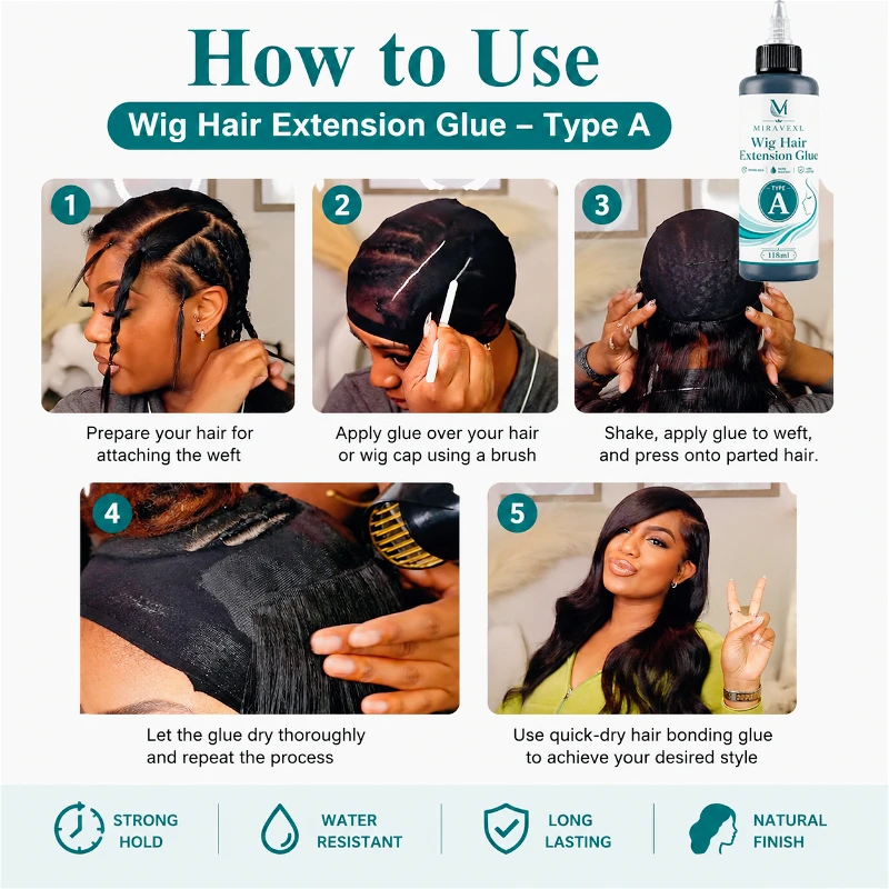 MIRAVEXL Wig Glue & Remover Set (Type A&B) 118ml Each – Strong Hold Adhesive + Gentle Residue Remover for Lace Wigs & Extensions image 5