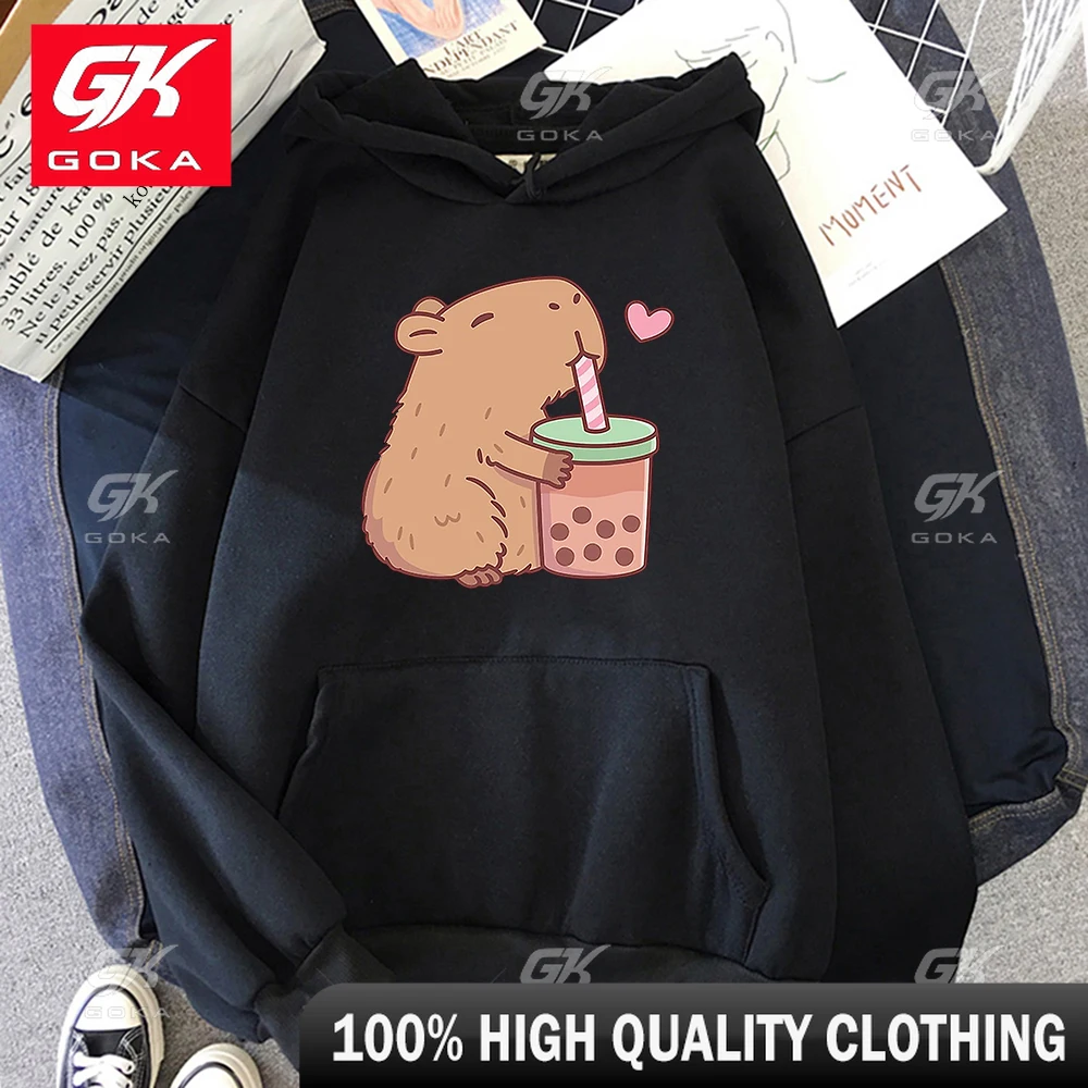 Kawaii  Bubble Tea Capybara Hoodie Women Men Aesthetic Graphic Funny Hoodies Unisex Autumn Winter Harajuku Pullovers Top Hoodies