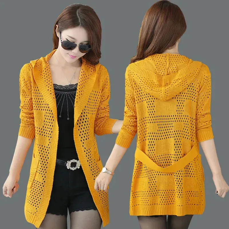 Spring Summer Thin Women Sweater Cardigan Loose Long Kimono Knitted Sweater Coat Hollow Out Hooded Female Knitwear Coat 3XL