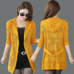 Spring Summer Thin Women Sweater Cardigan Loose Long Kimono Knitted Sweater Coat Hollow Out Hooded Female Knitwear Coat 3XL