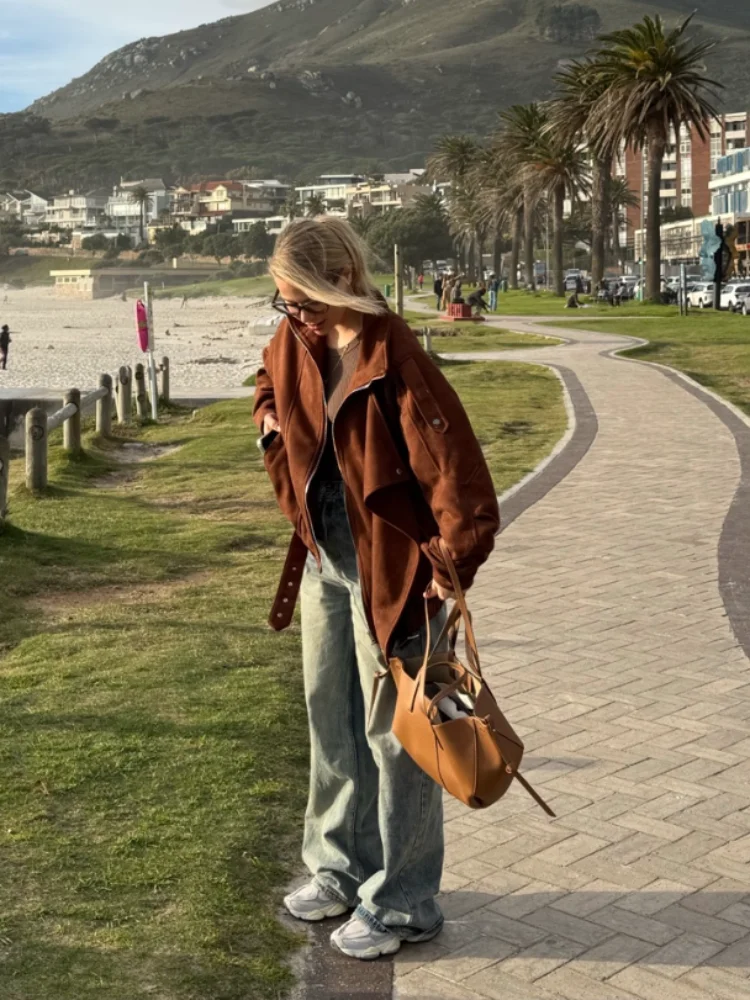 Vintage Lapel Solid Zipper Short Jacket Women Fashion Suede Cropped Casual Long Sleeve Coat  Woman New Commuter Outerwears