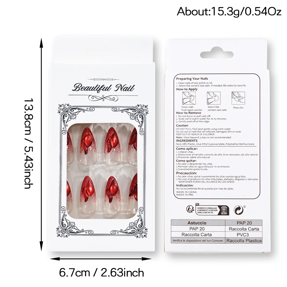 24 szt. Sztuczne paznokcie 3D z czerwonymi cyrkoniami, ręcznie robione, krótkie, migdałowe, do naklejania, na Walentynki, święta, Nowy Rok, sztuczne końcówki paznokci TD