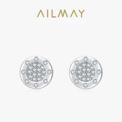 Ailmay Top Quality Real 925 Sterling Silver Trendy Clear Zircon Round Earrings For Women Girls Anti-allergy Fine Jewelry Gifts