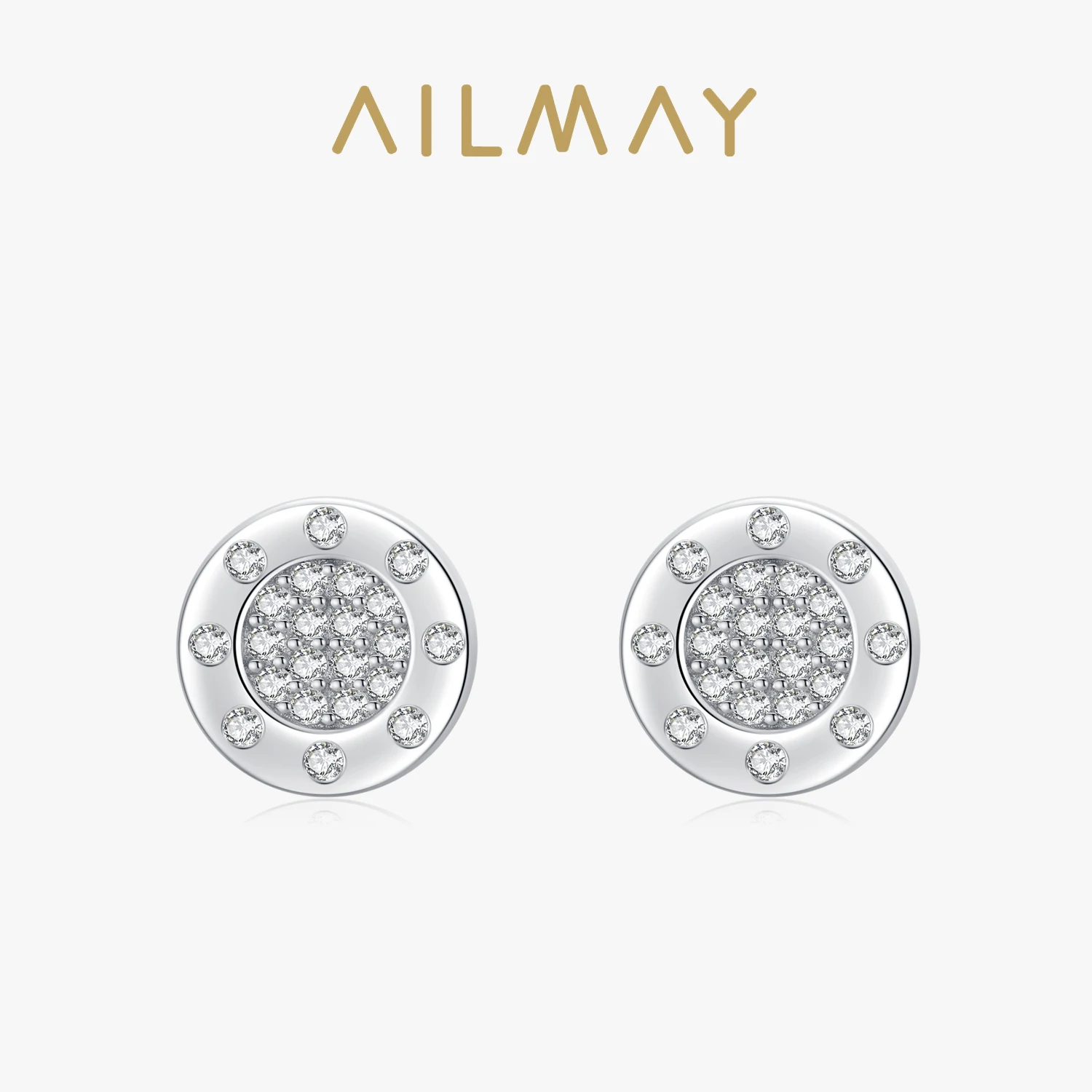 Ailmay Top Quality Real 925 Sterling Silver Trendy Clear Zircon Round Earrings For Women Girls Anti-allergy Fine Jewelry Gifts
