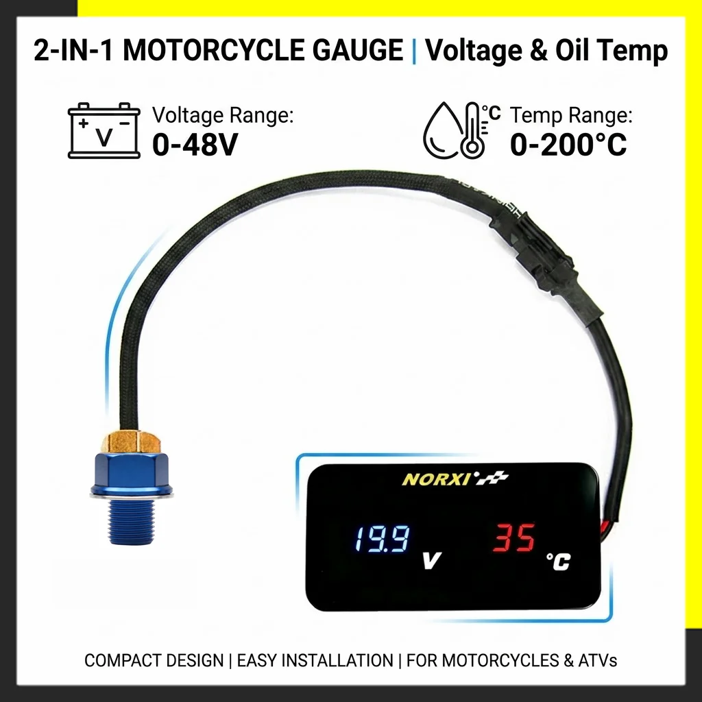 NORXI Motorcycle Universal 2 in 1 Gauge Oil Temperature 0-200℃ Voltage 0-48V Mini Square Digital Instrument Motorcycle Meter