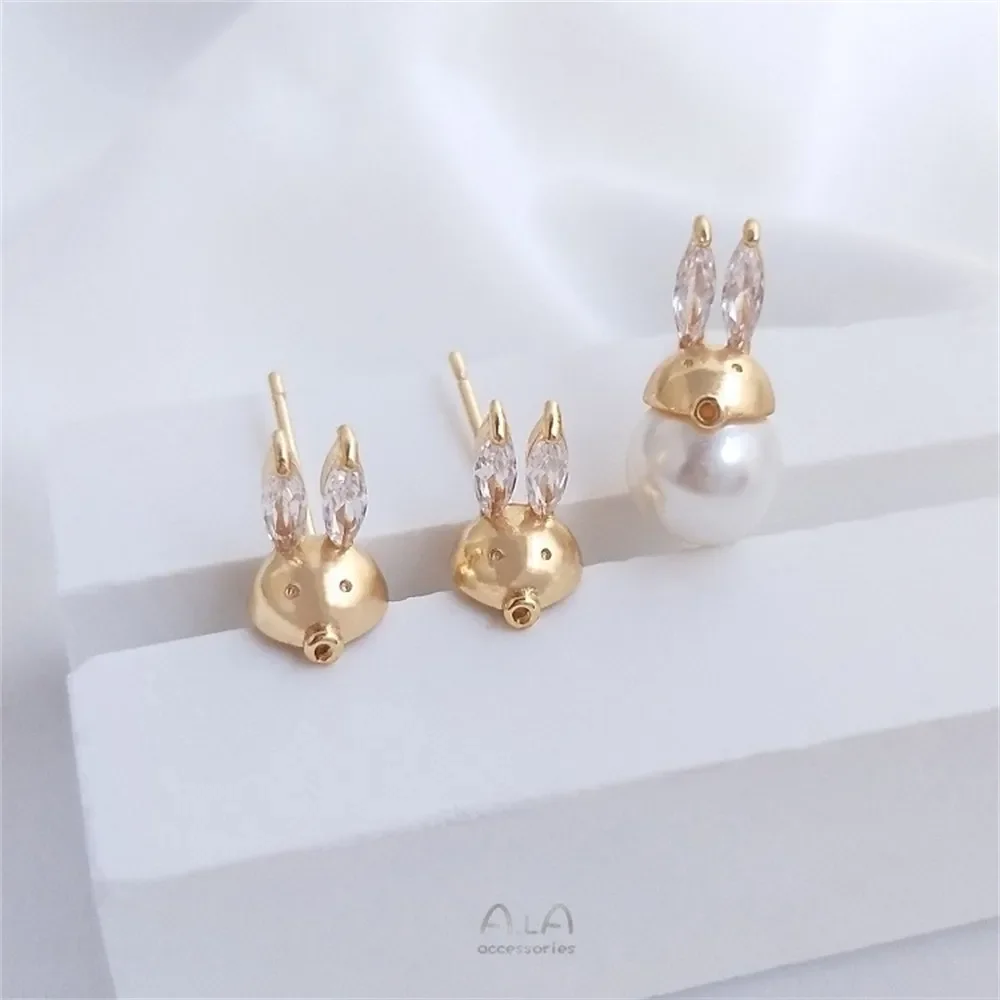 

S925 Silver Needle 14K Gold Color Cute Bunny Zircon Rabbit Head Half Hole Bead Holder Earrings DIY Earrings Ear Accessories