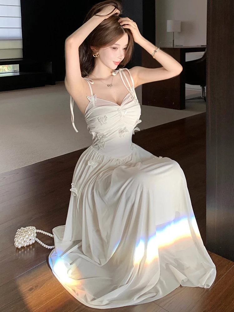 ชุดเดรสผ้าตาข่ายสีขาว แต่งโบว์เก๋ เซ็กซี่ สำหรับผู้หญิง ฤดูร้อน หรูหรา สง่างาม เหมาะสำหรับงานเต้นรำ ปาร์ตี้ ปี 2025 สไตล์เกาหลี วินเทจ ทรงเข้ารูป ชุดราตรี