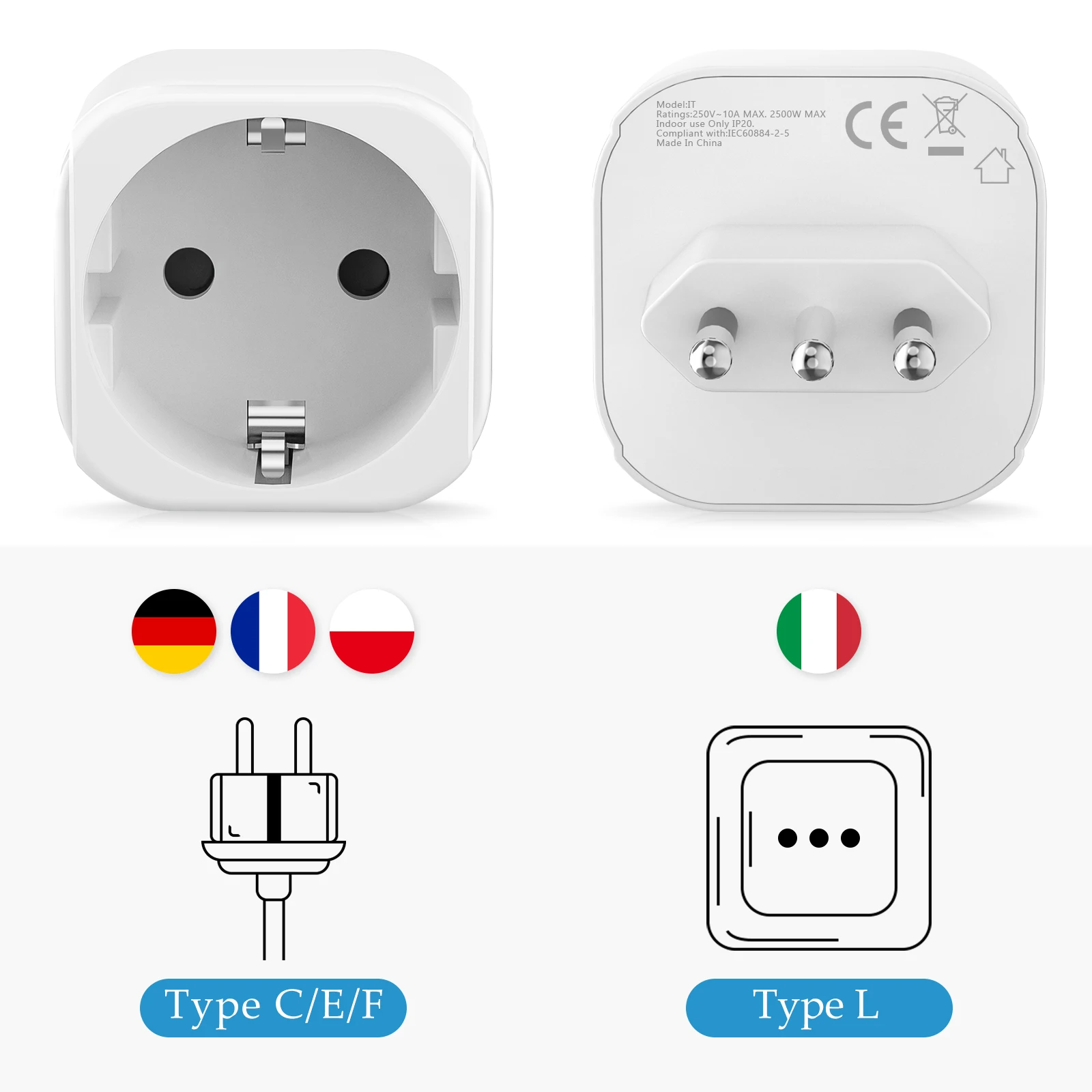 2pcs EU to Italy Italian Plug Adapter Power Converter, Italy Travel Plug Adapter Electrical Socket Wall Charge Power Plug White