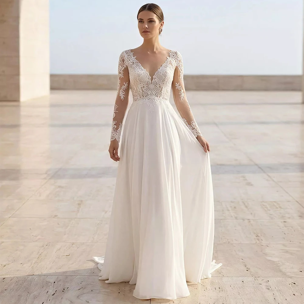 

Customized A-Line Chiffon Wedding Dress with Appliques Long Sleeve Classic Lace V-Neck Button Back Bridal Gown vestidos de novia