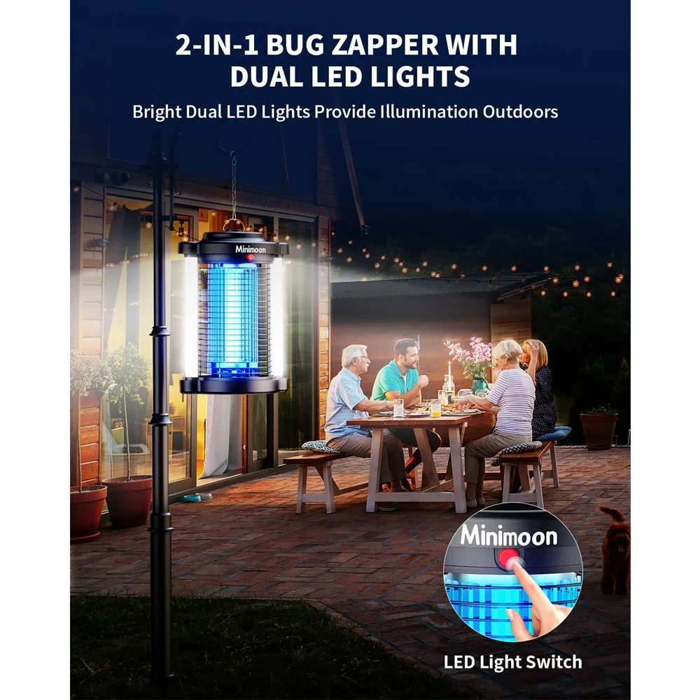 Minimoon Bug Zapper Outdoor Muggenzapper Met Dubbel Led Licht 4200V Fly Zapper 15W Elektrische Vliegenvallen Buiten Ipx4 Insectenval