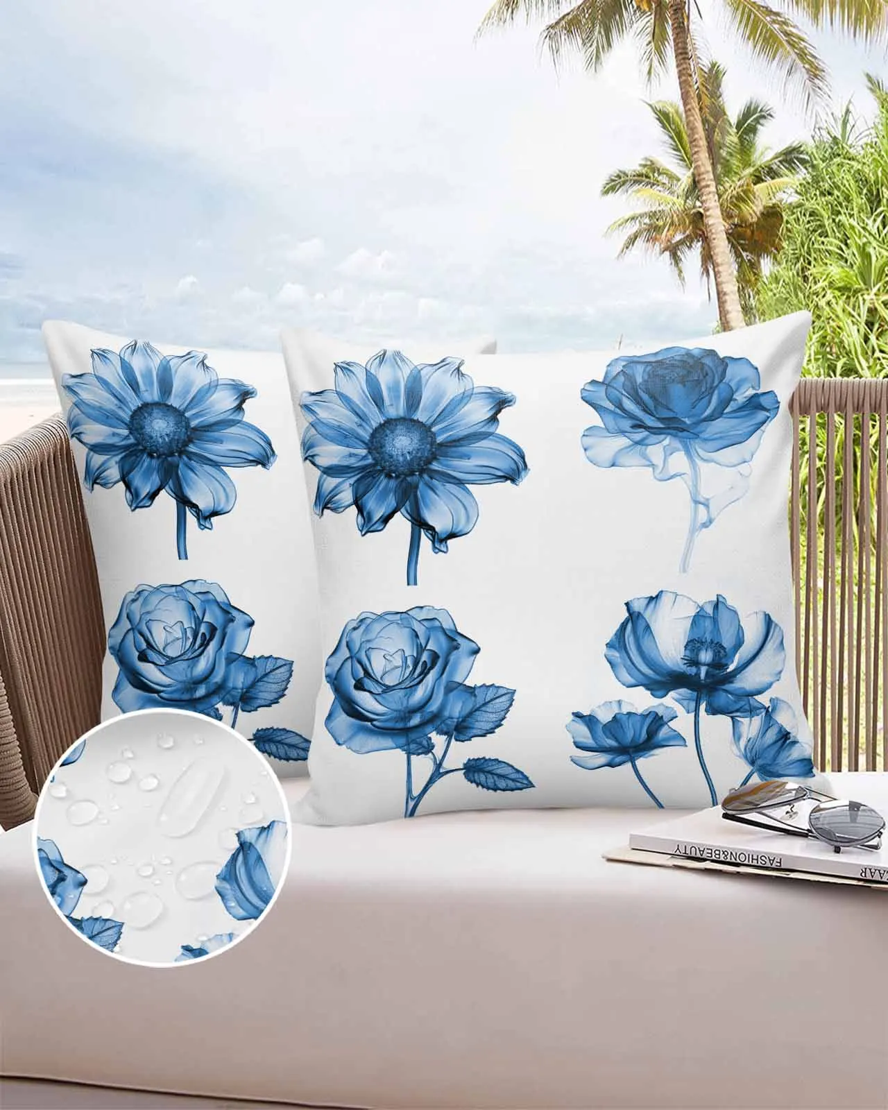 2/4PCS Flower Poppy Blue Waterproof Cushion Cover For Home Decoration 40/45/50/60/66cm Pillowcase