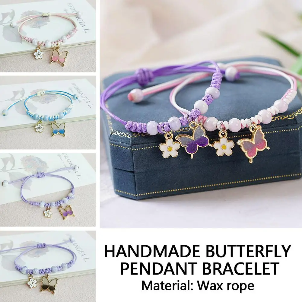 Fashion Handmade Purple Butterfly Flower Bracelet For Women Charm Sweet Animal Pendant Braided Bracelets Bangle Jewelry 2023