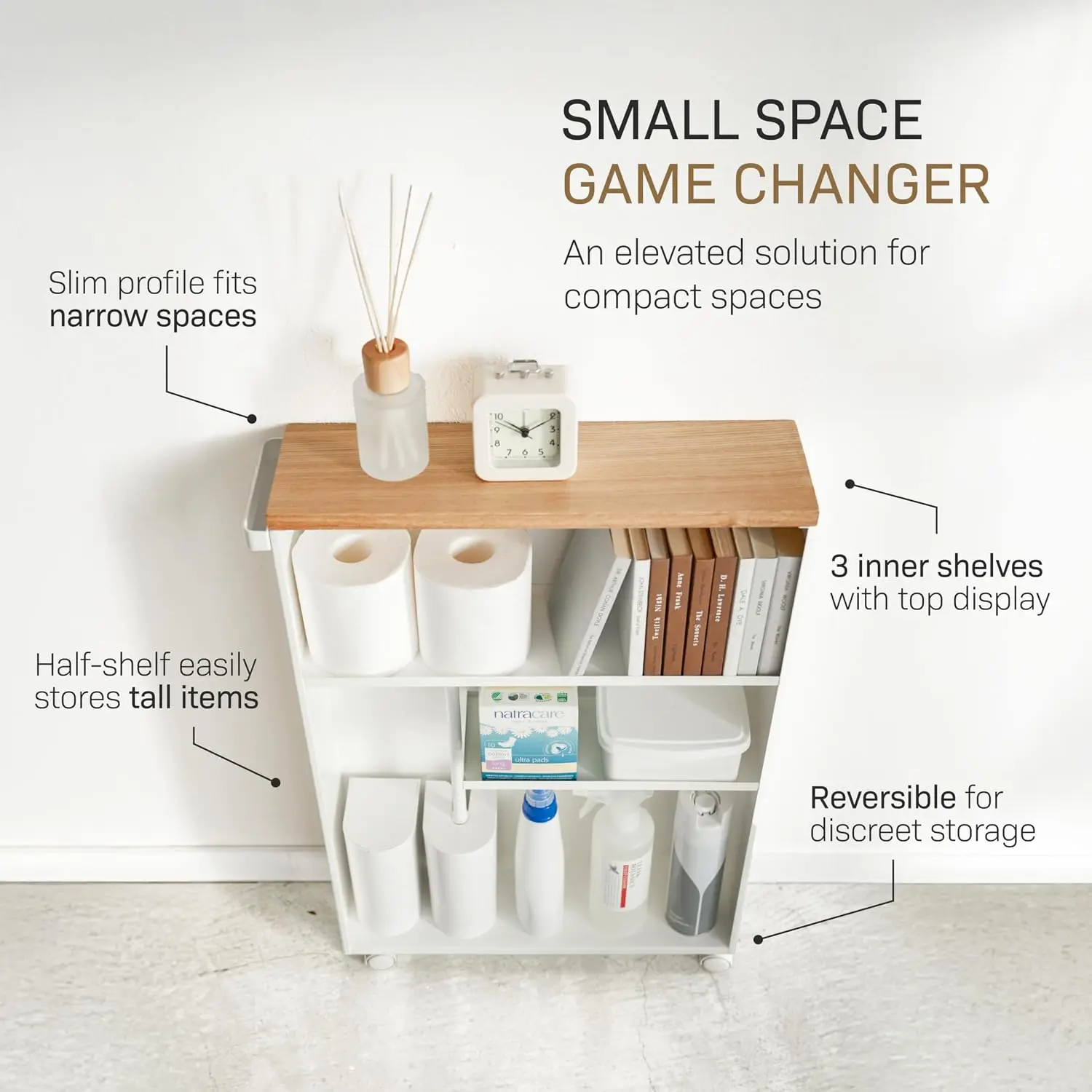 Slim Rolling Storage Cart Narrow Bathroom Cabinet Handle Wheels Easy Assembly Steel Wood White 27