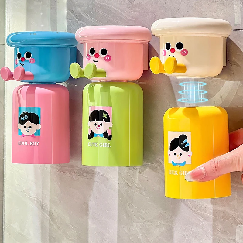 Niedlicher kreativer Zahnbürstenhalter für Kinder, Haushalt ohne Stanzen, Organizer-Rack mit Tassen für Zahnpasta-Kamm, 2-in-1-Gargelbecher