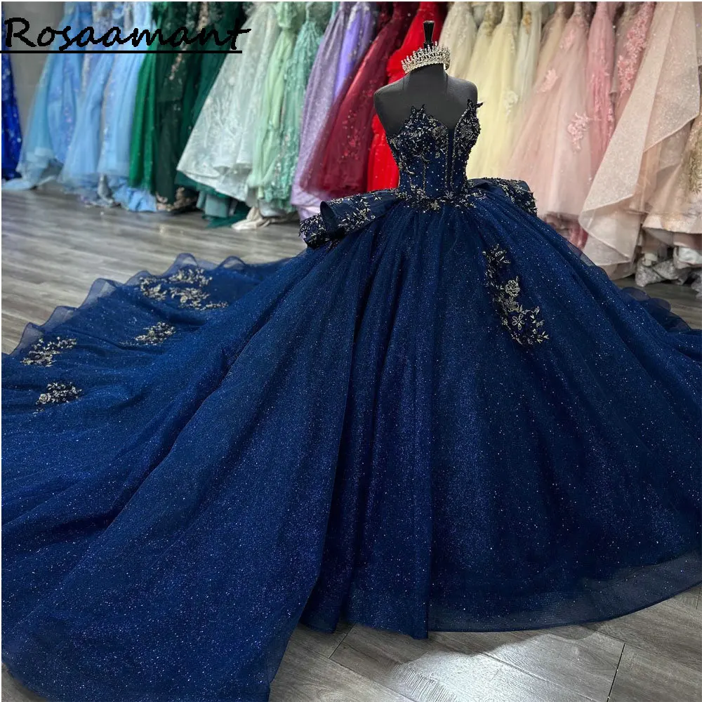 Marineblau träger lose Rüschen Ballkleid Quince anera Kleider ärmellose Gold applikationen Spitze Korsett Vestidos de 15 Años