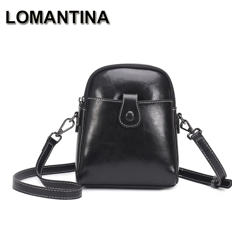 

LOMANTINA 2 Zippers Compartments Women Genuine Oil Wax Cowhide Leather Shoulder Messenger Bags With earphone Hole 100% phone Bag