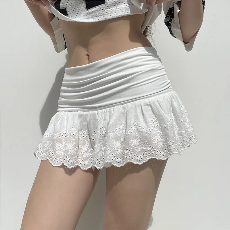 Ballet Style High Waist Elastic Lace Short Skirt for Women Sexy Short Skirt for Girl Low Waist Stained Lace Shorts with Solid Em