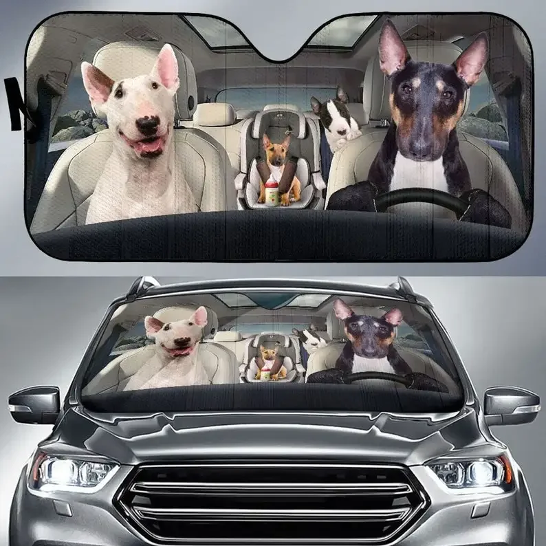 Bull Terrier Family Funny Safe Driver Auto Sun Shade Customized Gift Custom Animal Pattern Sunshade, Personalized Gifts